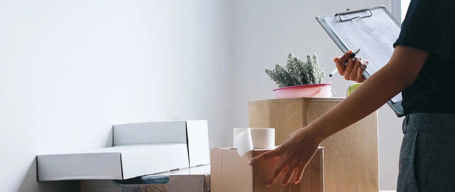 A person going through their moving planning guide on moving day.