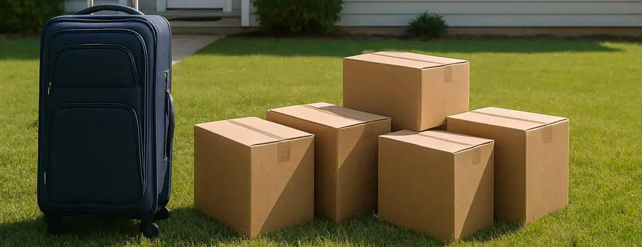 Packed moving boxes and a suitcase outside a home ready for relocation