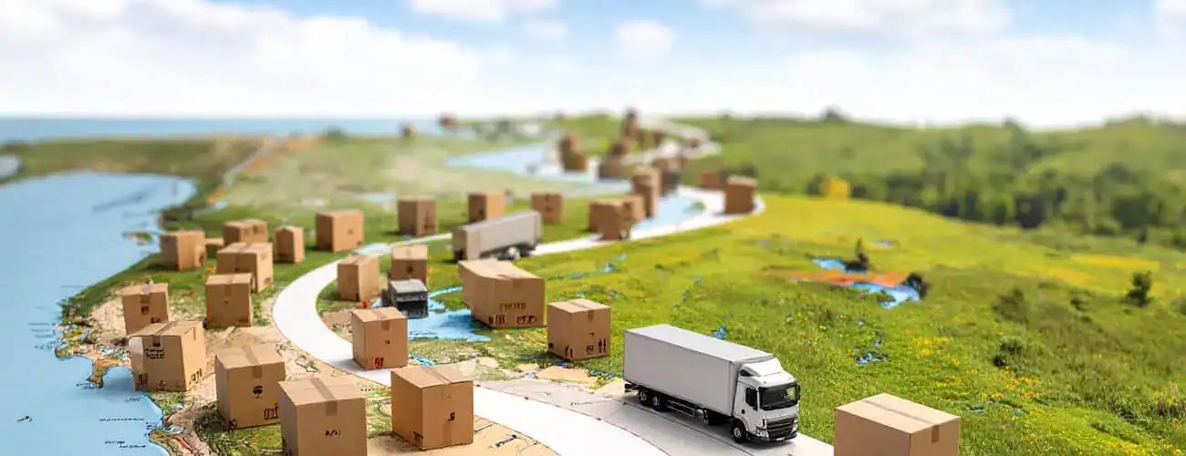Illustration of a cross-country move with boxes and a moving truck on a map