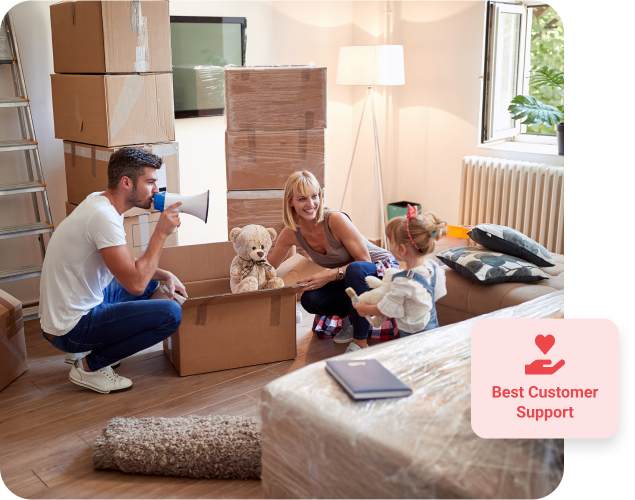 Family playing in their packed up living room