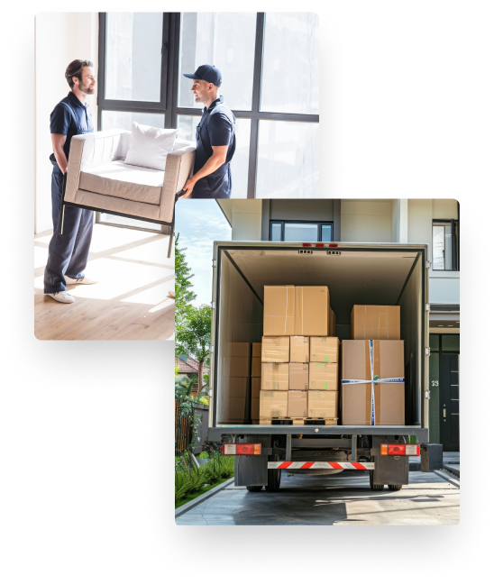 Two men carrying a couch and a box truck packed with moving boxes